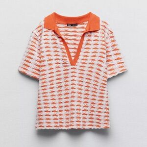 Zara Women's Vibrant Orange and White Short Sleeve Top
